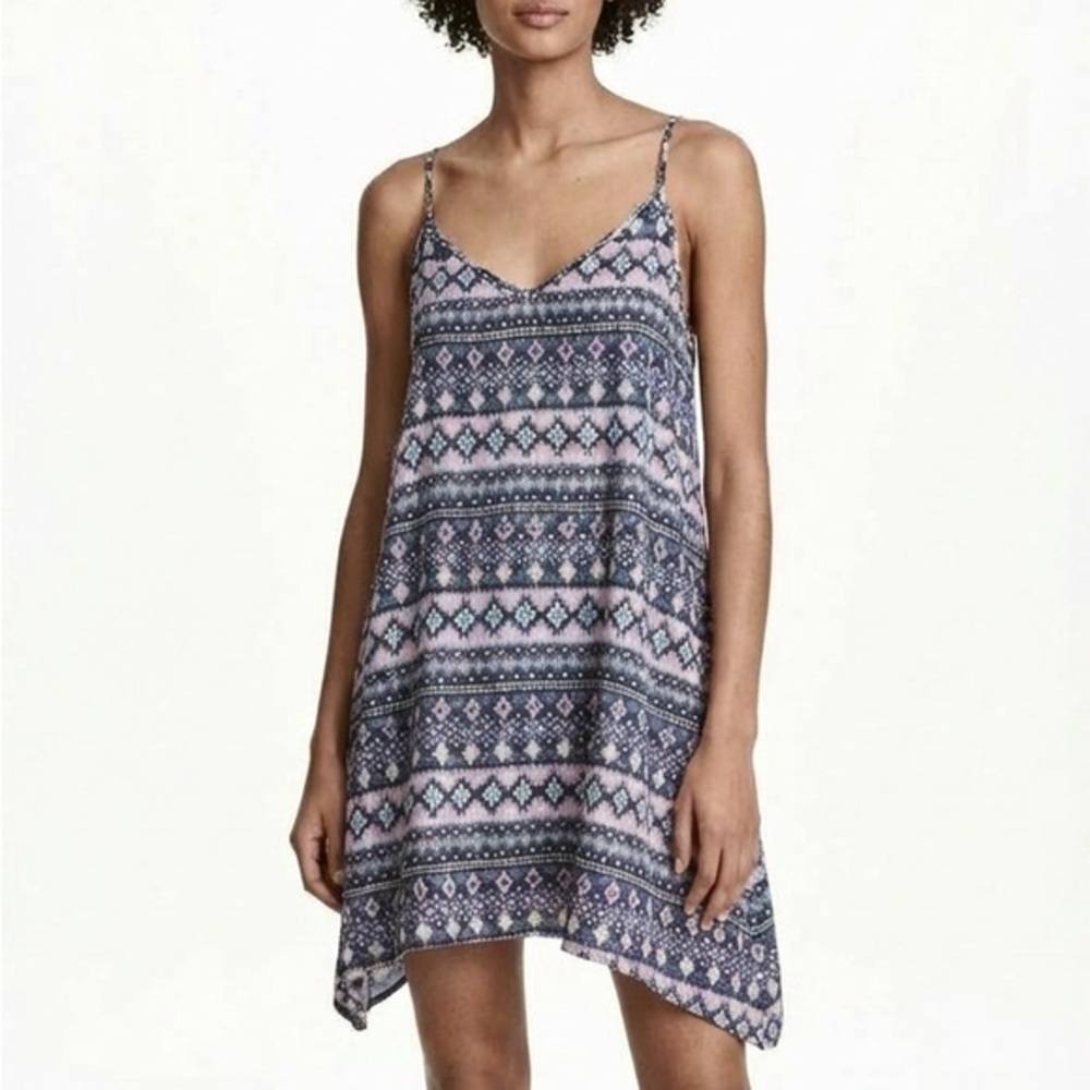 H&M Pink Blue Printed Swing Mini Dress Spaghetti Strap Size 4